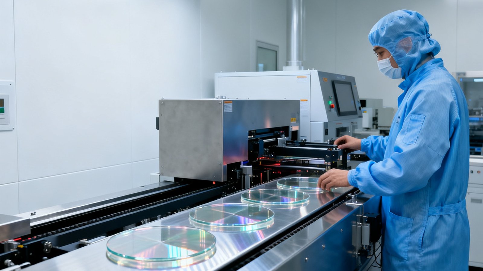 SiliconEdge半导体初创公司的洁净实验室内部，技术人员正在操作光刻设备，晶圆在传送带上移动