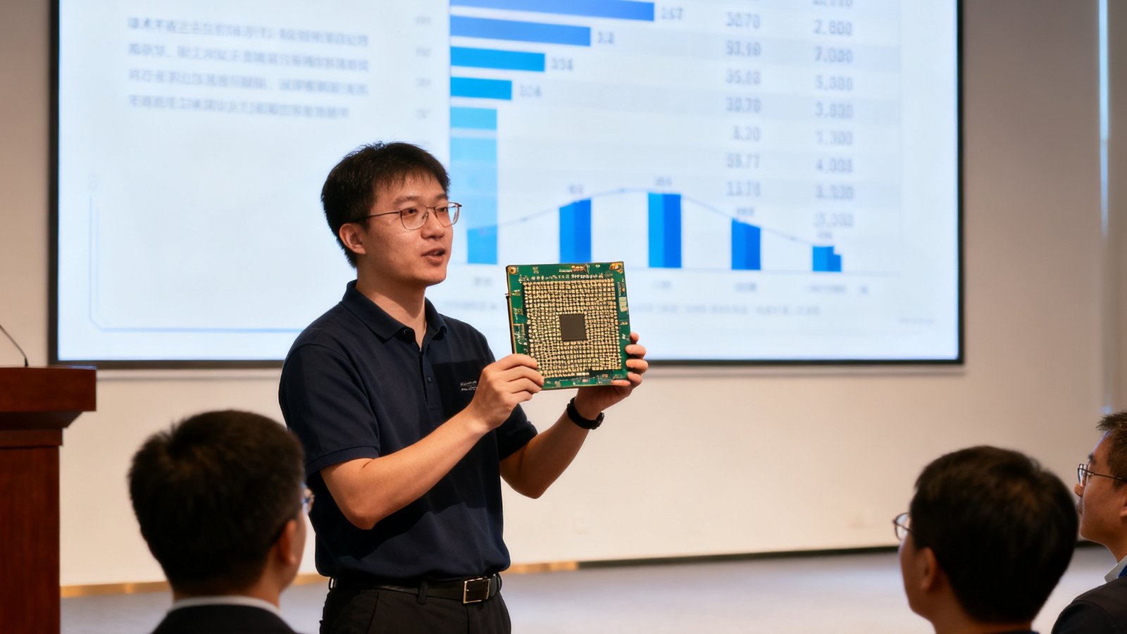 硬科技孵化加速器路演现场，创业者正在向投资委员会展示半导体原型产品，大屏幕显示技术参数对比